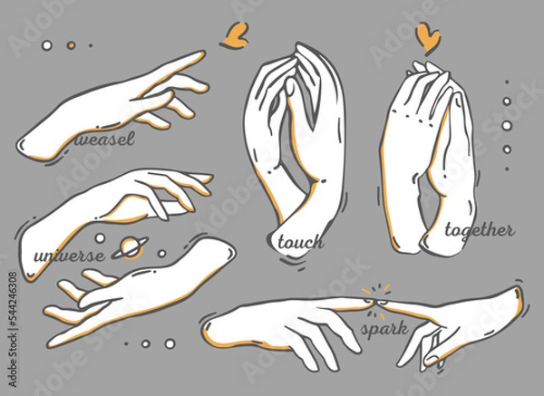 Fototapeta Collection of plaster hands signed "touch", "together", "spark". Set with elegant woman Hand gestures. Flat style vector illustration, isolated element. Fingers, palms. For tattoo or sticker set