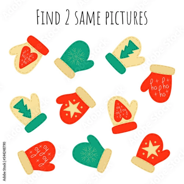 Fototapeta Find 2 identical pictures. Christmas. Task, puzzle for a child. Testing, IQ. Children's education. Game form of education. Printable worksheet. Preparation for school.