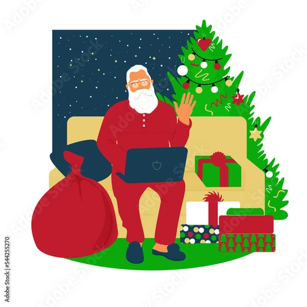 Fototapeta Santa Claus works on a laptop, answers letters, sends gifts by delivery. Home room interior. Decorated Christmas tree, sofa, slippers. Preparing for Christmas and New Year. Vector illustration