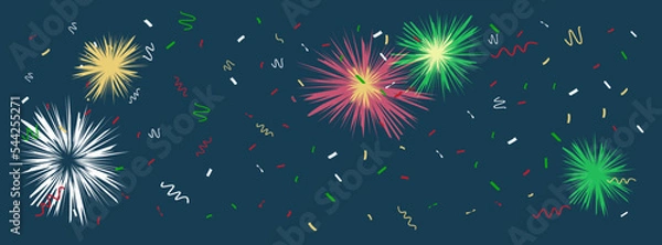 Fototapeta Bright fireworks and sparkles of confetti are served in the sky. Festive greeting background, template, banner. Carnival lights, night sky. Vector