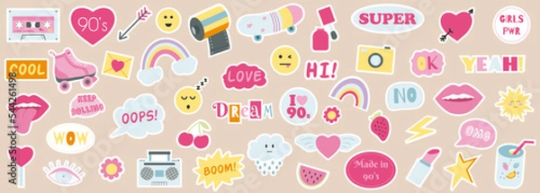 Fototapeta Fashion collection of 90s girly stickers. Vector illustration of hand drawn patches, pins in pink color. Nostalgia 1990