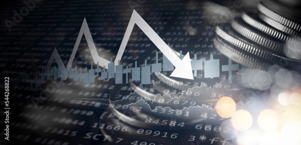 Fototapeta Double exposure image of coin stacks on technology financial graph background.Economy trends background for business ,financial meltdown ,Cryptocurrency digital economy.