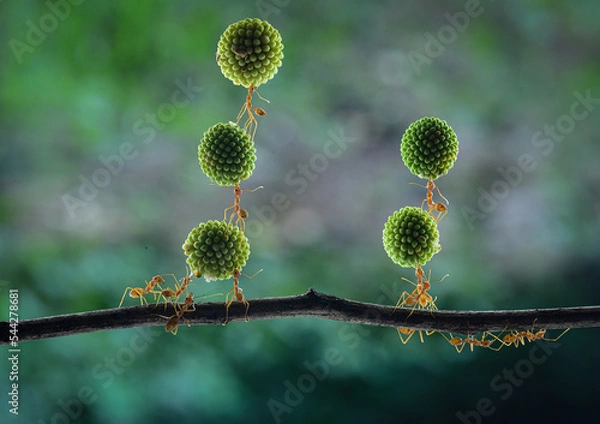 Fototapeta Several weaver ants together arrange the Leucaena glauca fruit  to be carried to their nest