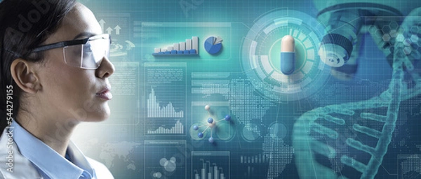 Fototapeta Chemical analyst looking at medical capsule in a scientific background with charts, diagrams and data. Pharmaceutical industry research and development.