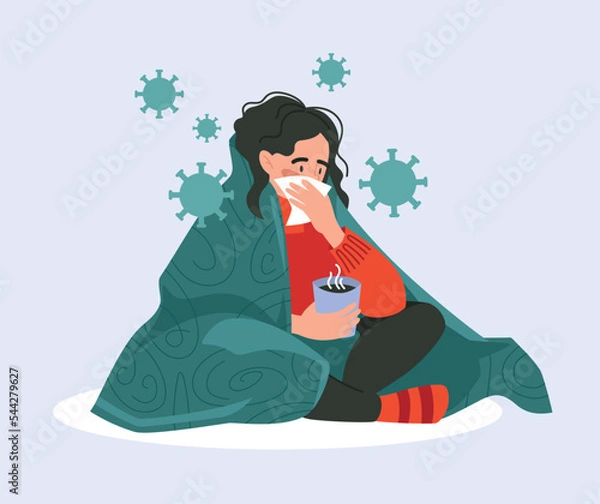 Obraz The girl is ill, sits wrapped in a blanket, has a runny nose. Viruses, diseases and medicines. Vector image.