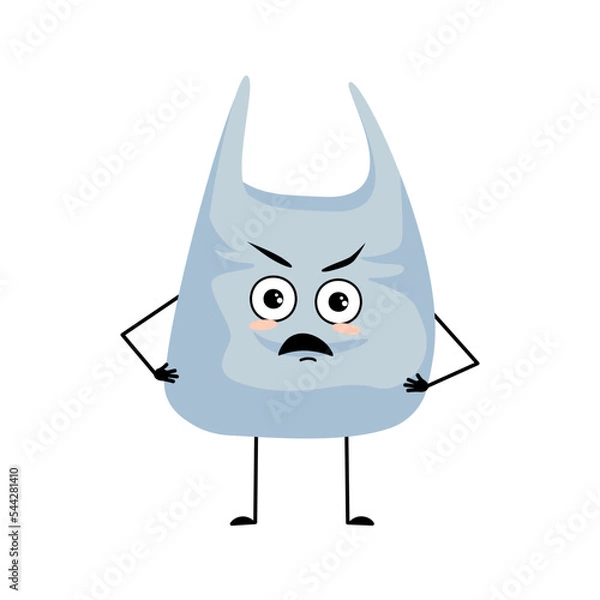 Fototapeta Cute character package with angry emotions, grumpy face, furious eyes, arms and legs. Plastic bag with irritated face. Vector flat illustration