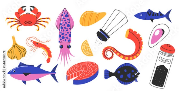 Fototapeta Doodle seafood animals. Cartoon oyster crayfish octopus lobster tuna shellfish products for restaurant menu fish market banner design. Vector isolated set