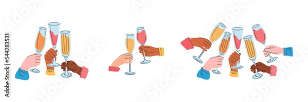 Fototapeta Hands of friends holding glasses with drinks full of champagne. Cheers or drinking toast to friendship. People of different nationalities drink sparkling wine. Collection vector flat illustration.