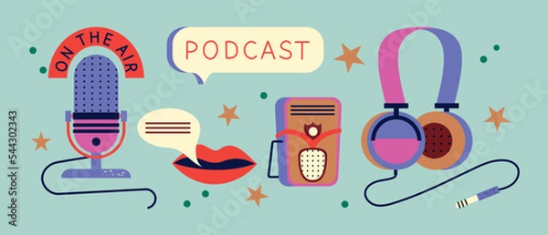 Fototapeta Concept of recording and listening to podcast in retro style. Microphone with an inscription, headphones and lips behind speech bubble. Cover icon set. Equipment for streams. Vector flat design