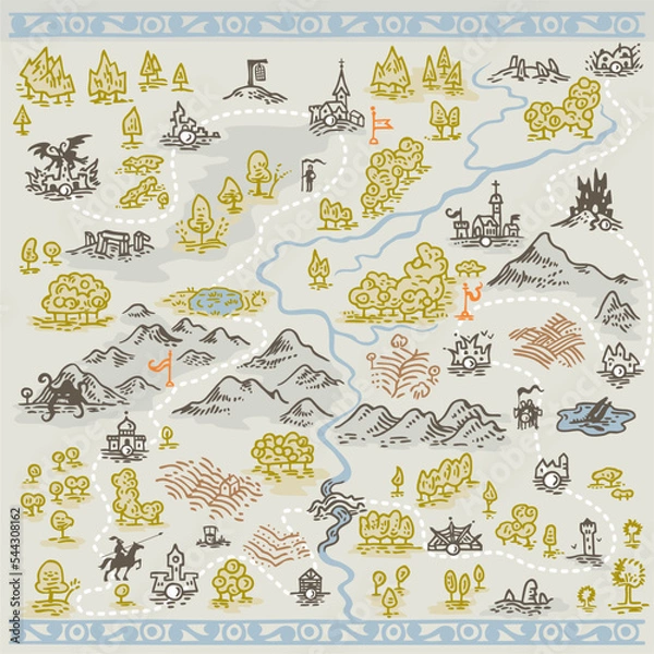 Obraz Hand draw illustrations for fantasy map in medieval engraving style