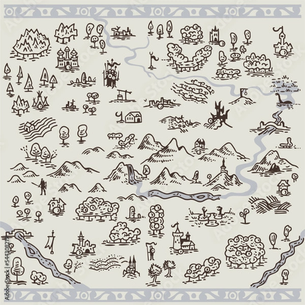 Obraz Line art draw simple icon fantasy middle ages engraving map