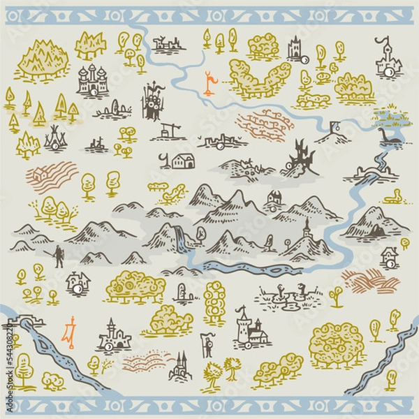 Obraz Hand draw illustrations for fantasy map in medieval engraving style