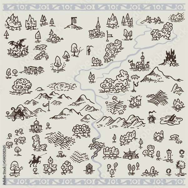 Obraz Line art draw simple icon fantasy middle ages engraving map