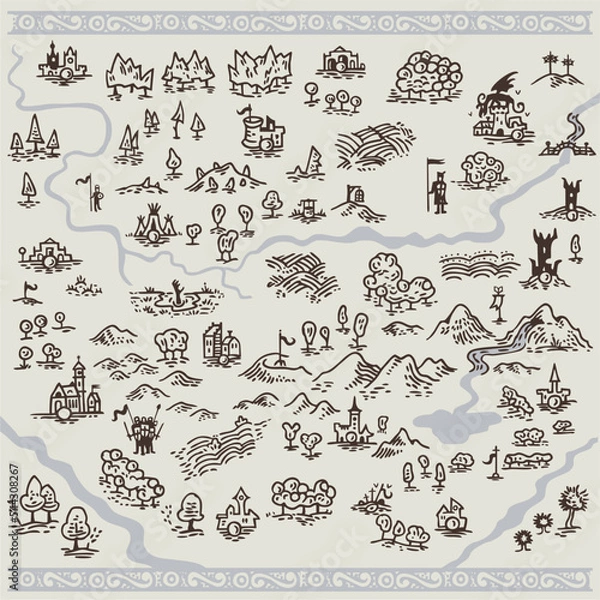 Obraz Line art draw simple icon fantasy middle ages engraving map