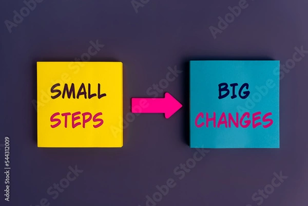Fototapeta Small Steps, Big Changes - concept text. Motivational advice or reminder on colorful sticky notes on the dark blue background. Happy life and self management motivation concept