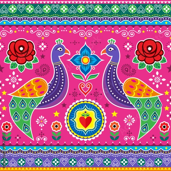 Obraz Pakistani and Indian truck art seamless vector design with peacocks, hearts and roses, decorative bird floral vibrant pattern


