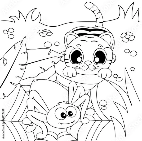 Fototapeta A cute little tiger cub looks with surprise at a crawling spider in a forest clearing. Coloring book for children