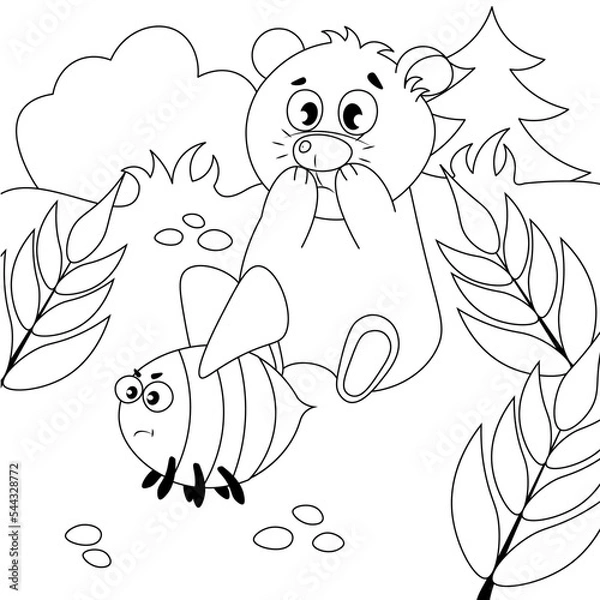 Fototapeta A cute teddy bear sits in a clearing with his nose stung by a bumblebee. Coloring book for children
