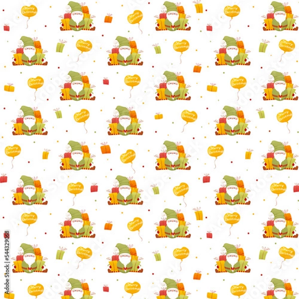 Fototapeta Seamless patterns with magic gnomes. Magical Christmas character, gnome with a beard, gnome with gifts, sweets, positive character