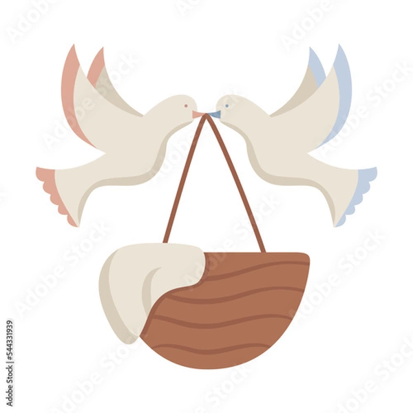 Obraz Greeting card Welcome baby. Vector of cradle and pigeons. Welcome template. Happy greeting poster with newborn kid. Cartoon flat illustration.