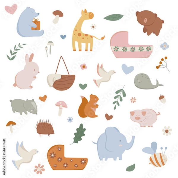 Obraz Set of cute baby objects and animals in minimalistic flat style. Vector illustration of child's toys. Hello, baby. Cartoon kid clipart. Newborn