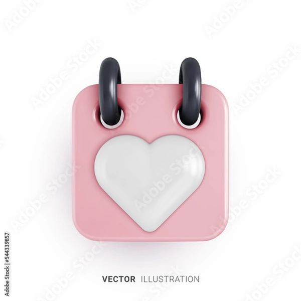 Fototapeta Realistic calendar icon with heart shape on it. Concept of reminder for Valentine's Day. 3d vector illustration on a white background
