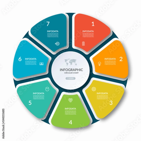 Obraz Infographic circle with 7 options, parts. 7-step vector template for business infographics. Process chart, cycle diagram for business presentation, report, brochure, web, data visualization.