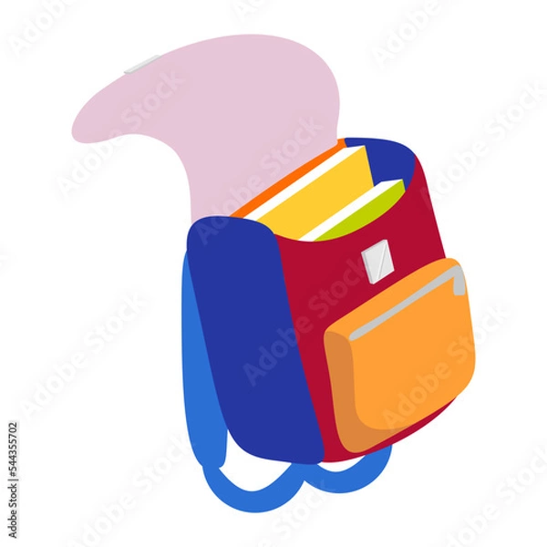 Obraz Cartoon blue schoolbag with textbook inside. Flat design stationery. Isolated on white background, EPS10 vector