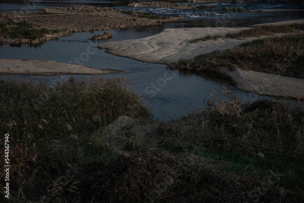 Fototapeta 한국의 시골풍경 하늘과 구름 갈대 추수