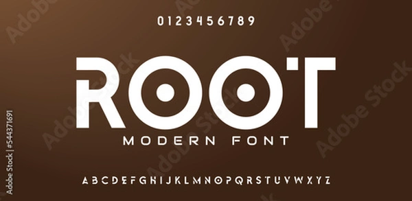 Fototapeta ROOT Abstract digital modern alphabet font. Logo creative font, type, technology, movie, digital, music, movie. Font and illustration in vector format.