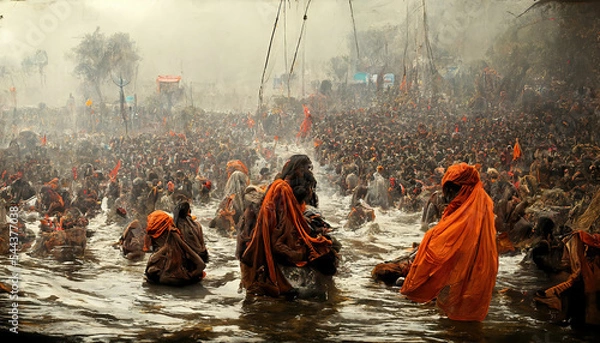 Fototapeta AI generated image of Kumbh Mela with a large crowd of Naga sadhus, Aghoris and pilgrims taking a bath in the Ganga 