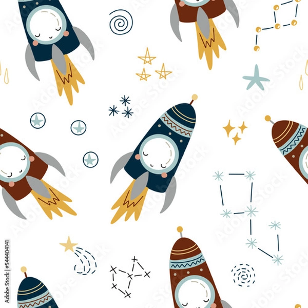 Fototapeta Children's seamless pattern with funny rockets in outer space on a white background for your design