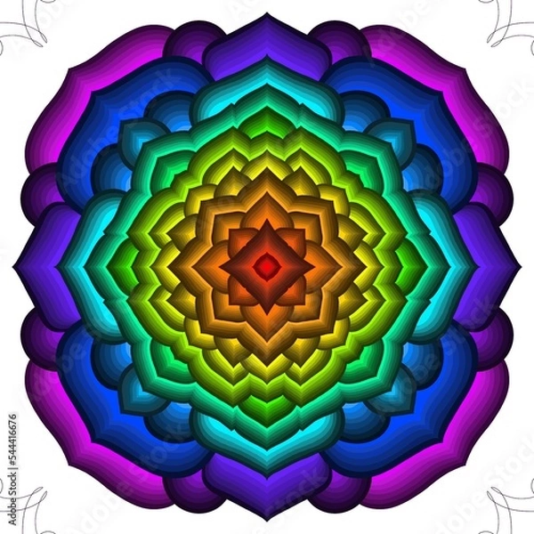 Fototapeta Mandala of the full range of vivid colors on a white background. Depth effect and star motion, hypnotic psychedelic virtual 3d mandala. Abstract spiritual and ethnic mandala pattern.  Decoration. 