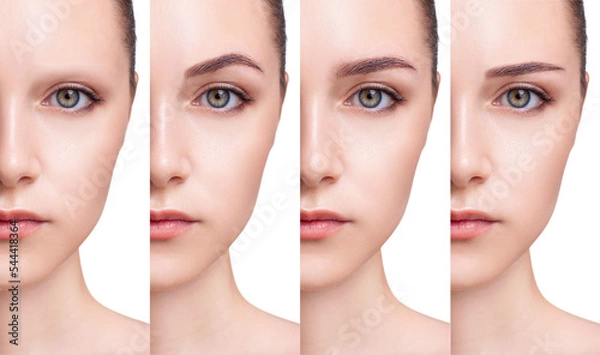 Fototapeta Woman with bald eyebrows chooses the shape of the eyebrows.