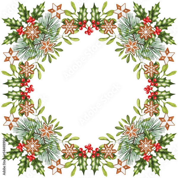 Obraz Christmas frame, watercolor christmas card design. Christmas invitation.  Isolated on white.