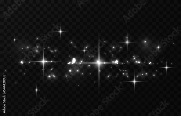 Obraz Dust white. White sparks and white stars shine with special light. Vector sparkles on a transparent background. Christmas abstract pattern. Sparkling magical dust particles.