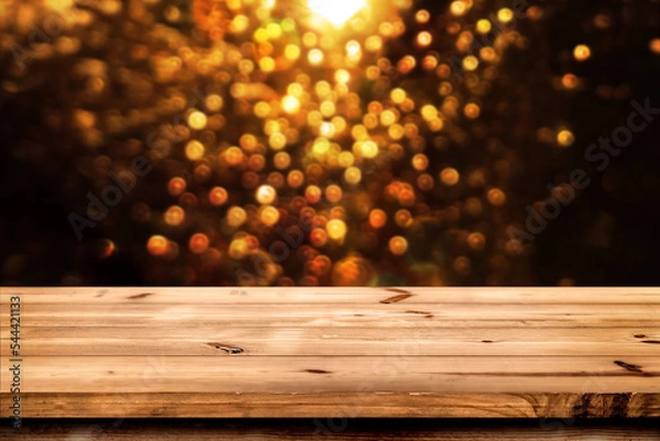 Obraz Empty wooden table for product placement or montage with focus to the table top blurred bokeh background, suitable for montage product