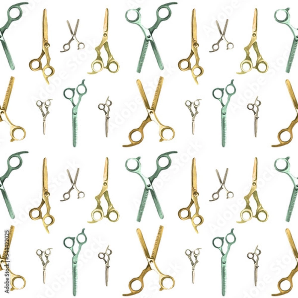 Fototapeta Watercolor seamless pattern with barber and hairdressing tools. Transparent layer.