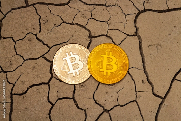 Fototapeta bitcoins in the form of two coins lie on dry cracked ground