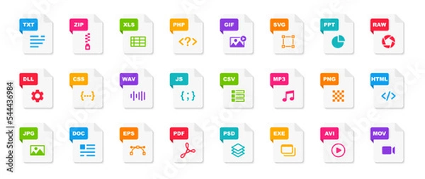 Obraz File type icons. File formats in flat design. File and documents extensions. Icons for ui. Vector illustration.