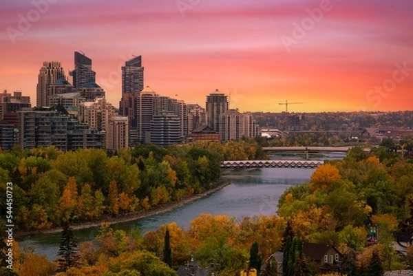 Fototapeta Warm Sunrise Over The Downtown Calgary River Valley