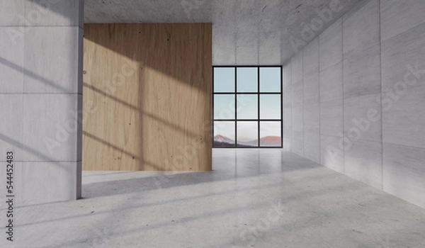 Fototapeta Concrete modern interior space. Blank walls and large windows with sunlight casting shadows. 3D Rendering