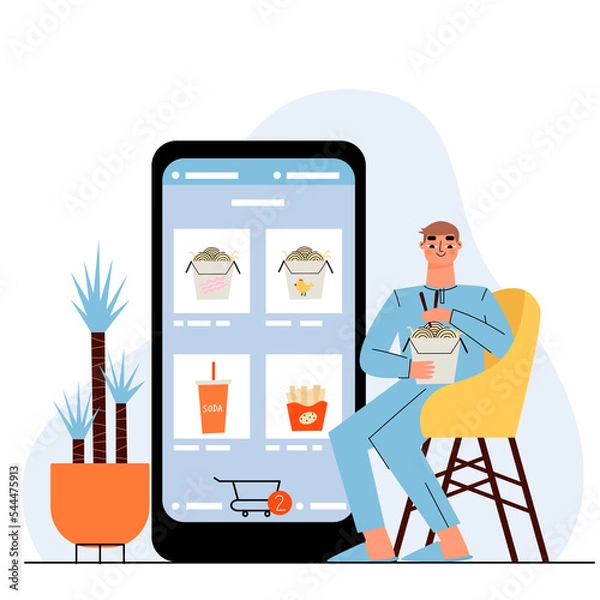 Fototapeta Mobile application for ordering food. Man orders wok online. 