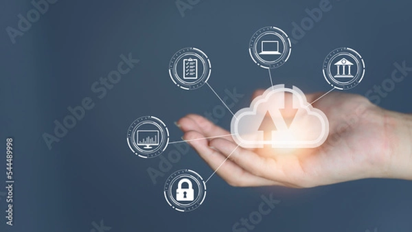 Fototapeta Cloud computing diagram show on hand. Cloud technology. Data storage. Networking and internet service concept.