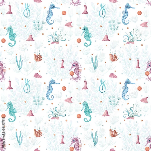 Fototapeta Watercolor underwater seamless pattern of seahorse, laminaria and coral. Underwater animals and plant isolated on white background. Aquatic illustration for design, print or background