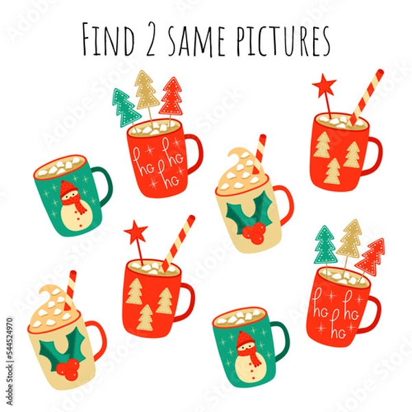 Fototapeta Find 2 identical pictures. Christmas. Task, puzzle for a child. Testing, IQ. Children's education. Game form of education. Printable worksheet. Preparation for school.