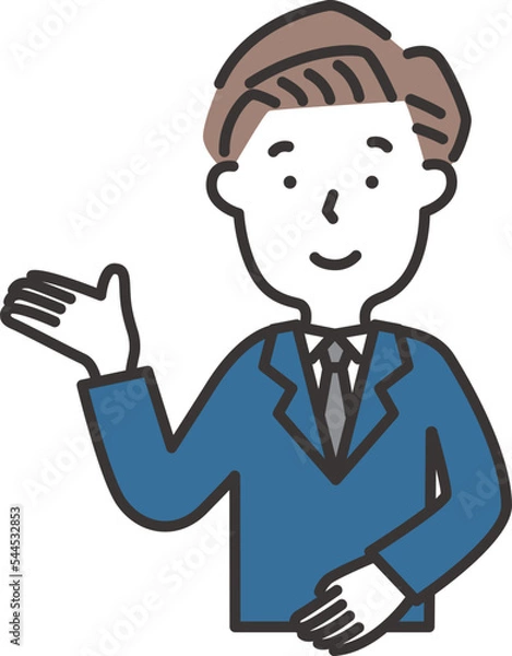 Fototapeta 笑顔で案内をするスーツの若い男性のイラスト