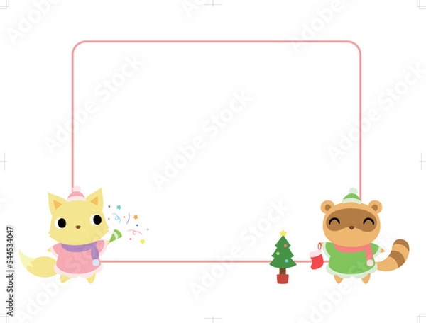 Fototapeta クリスマスの四角フレーム　キツネとタヌキ
