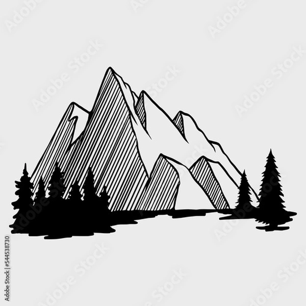 Obraz Mountain with pine trees and landscape black on white background