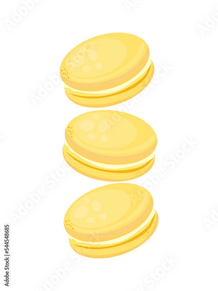 Fototapeta Sweet and cute colorful macarons. Cozy bakery illustration for café decoration, greeting card, print, art. Hand draw font "Macaron". Flat vector illustration.